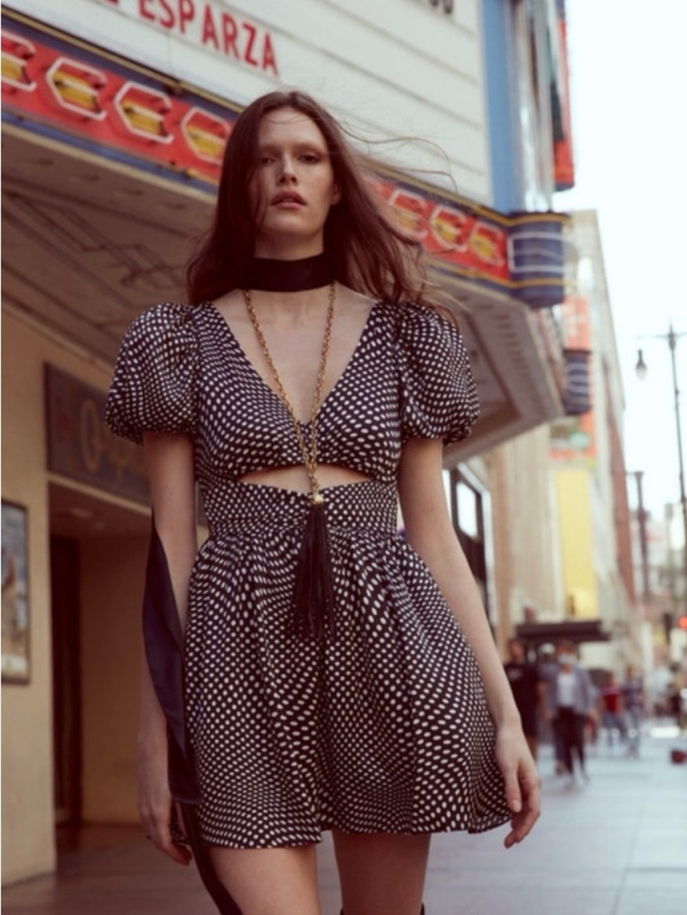 For Love & Lemons Anya Puff Sleeve Mini Dress Polka Dot Cutout NWT Large